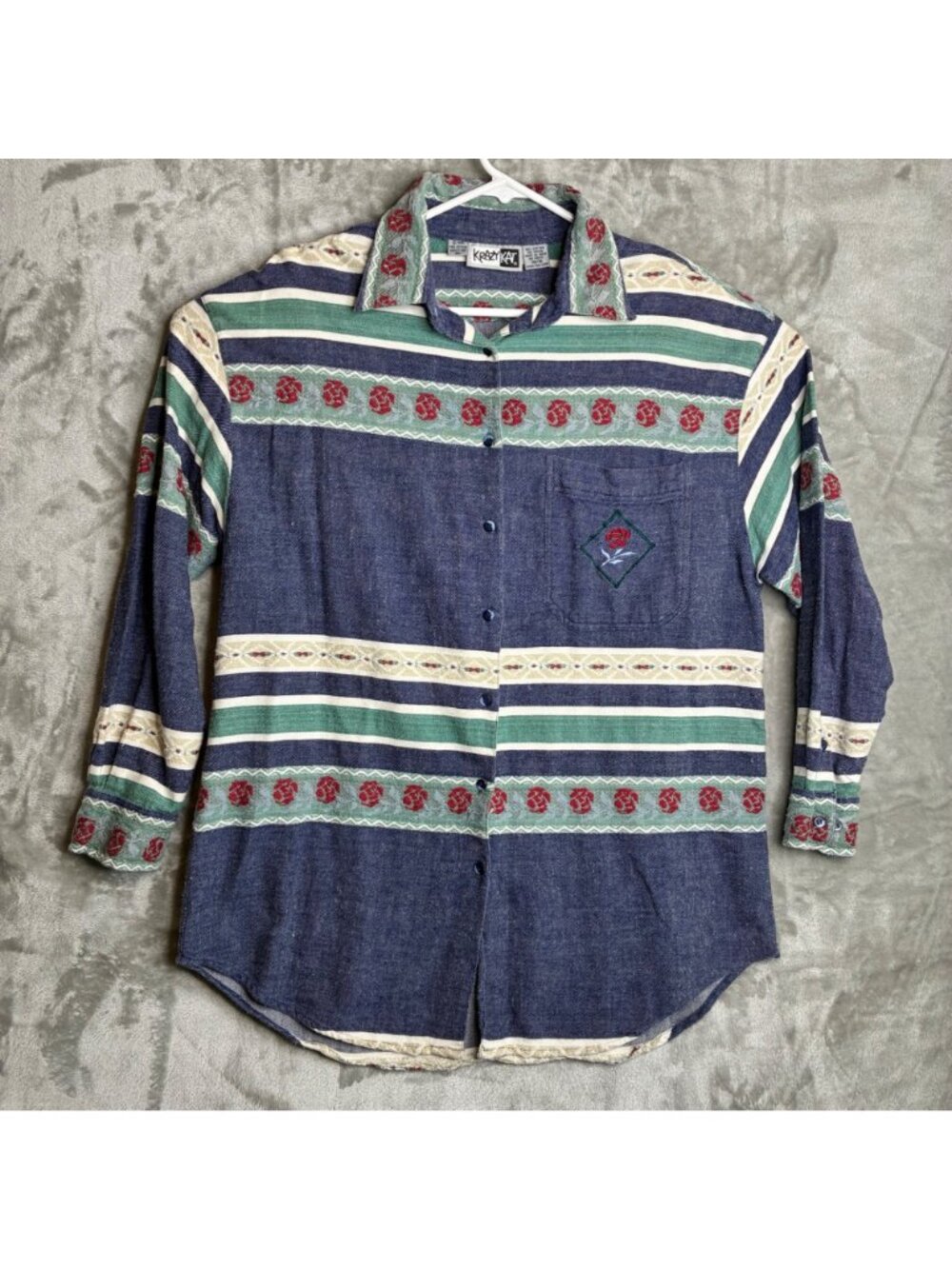 Krazy Kat Vintage 1995 Denim Shirt 14 16 L Rose Embroidered Striped Button Up - Picture 2 of 8